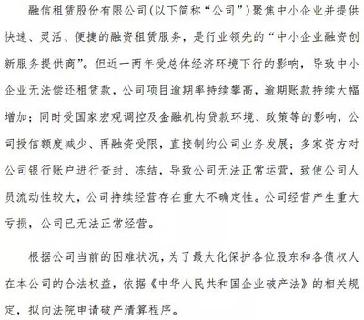 逾期租金飆至6.44億元后，融信租賃申請破產 時運不濟還是早有預謀？